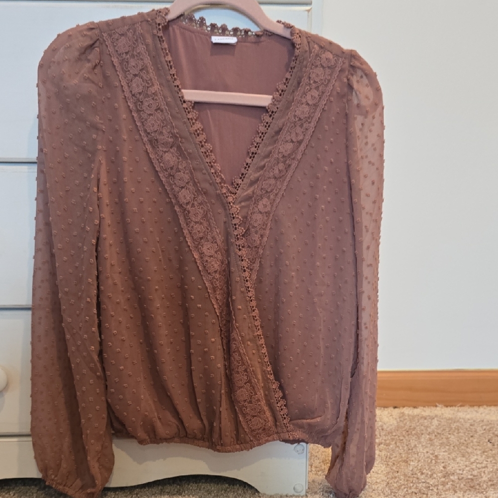 Chic Lace Trim Brown Blouse